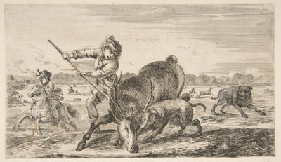 Stag at bay, från Animal hunts Jagar olika djur, ca. 1654. av Stefano della Bella