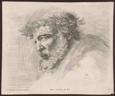 Studie av huvudet på en skäggig gammal man med lagerkrans, i profil, vänd åt vänster, ur serien Principii del disegno av Stefano della Bella