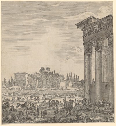 Antoninus Pius och Faustinas tempel och Campo Vaccino av Stefano della Bella