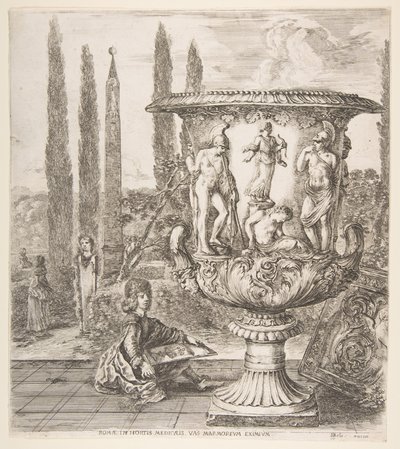 Medici-vasen, en stor vas till höger dekorerad med en representation av offret av..., 1656. av Stefano della Bella