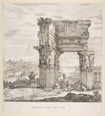 Vespasianustemplet och Forum Romanum, från sex stora vyer, fyra av Rom och två ..., 1656. av Stefano della Bella
