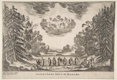 The Wedding of the Gods: Second Scene, Diana, 1637. av Stefano della Bella
