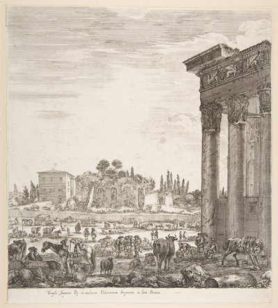 Kolumnerna i Antoninustemplet till höger, en del av Campo Vaccino i mitten och..., 1656. av Stefano della Bella
