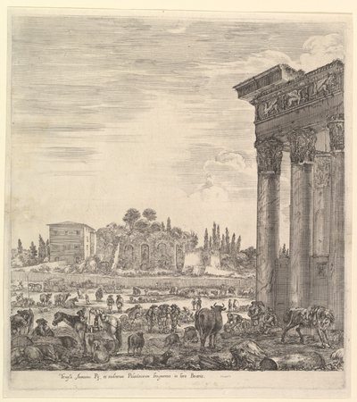 Kolumnerna i Antoninustemplet till höger, en del av Campo Vaccino i mitten och..., 1656. av Stefano della Bella