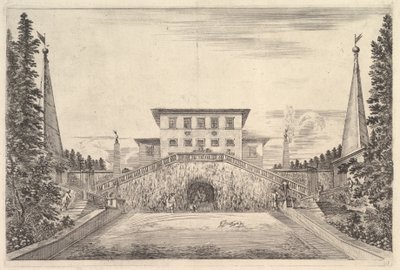 Villan i mitten flankerad av fyra obelisker, en trappa till vardera sidan, en staty i ..., ca. 1653. av Stefano della Bella