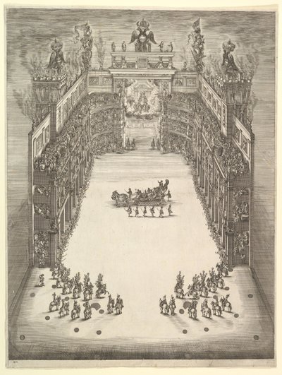 Teater i Modena, sedd från ovan och fylld av åskådare, med en triumfbil vid cen..., 1652. av Stefano della Bella