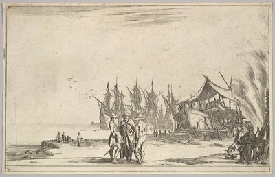Tre män med hattar som står i mitten, män som fixar ett skepp till höger, fem skepp och vari..., 1639. av Stefano della Bella