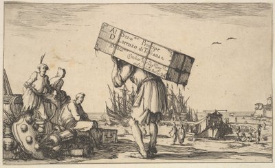 Titelsida: en man som bär ett fodral på ryggen i mitten, tre män tittar mot honom på ..., 1639. av Stefano della Bella
