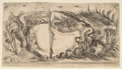 Två olika halvor av kartuscher som var och en visar en örn som slåss mot en orm, 1646. av Stefano della Bella