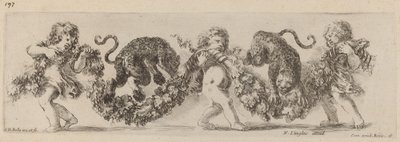 Två leoparder som hoppar en festong understödda av barn, troligen 1648. av Stefano della Bella