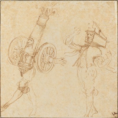 Två män i maskeraddräkter: en kanonskjutning och en katt i en musfälla, ca. 1645. av Stefano della Bella