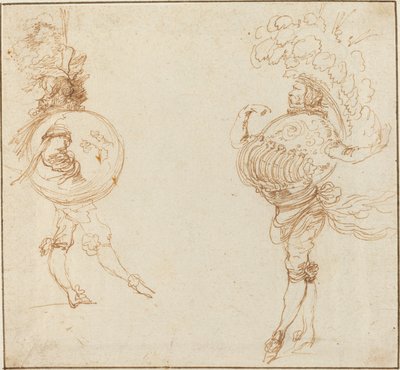 Två män i maskeraddräkter: Jorden och en paradhjälm, ca. 1645. av Stefano della Bella