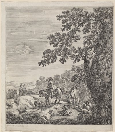 Två ryttare som passerar nära en flock djur, 1656. av Stefano della Bella