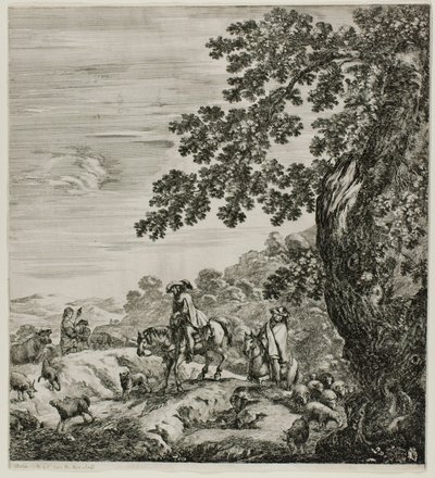 Två ryttare som passerar en flock, tallrik fem från The Six Large Views of Rome and the Campagna av Stefano della Bella