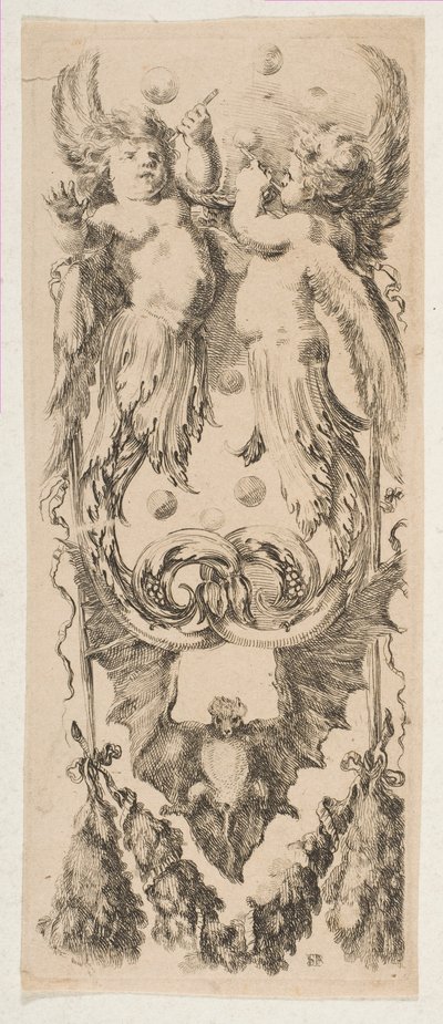 Två bevingade barn med kroppar som förvandlas till prydnad Blåsande bubblor, ca. 1653. av Stefano della Bella