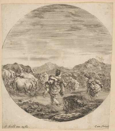 Två kvinnor som korsar en bäck, ca. 1646. av Stefano della Bella