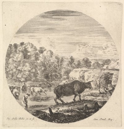 Två kor i centrum, följt av två bondkvinnor och andra kor i floden till..., ca. 1643-48. av Stefano della Bella