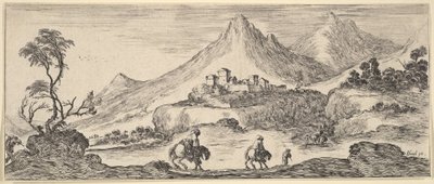 Två ryttare går ner för en kulle i centrum, efter en annan man till fots, ett slott i ..., ca. 1641. av Stefano della Bella