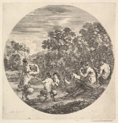 Två satyrer och en faun sitter till höger och tittar på två barnsatyrer och en annan satyr med..., ca. 1643-48. av Stefano della Bella