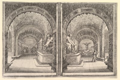 Två vyer av en grotta, båda vyer med en fontän med en sittande staty, sett från ..., ca. 1653. av Stefano della Bella