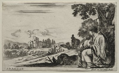 Olika figurer och landskap: En fattig sjuksköterska som sitter under ett träd, 1649. av Stefano della Bella
