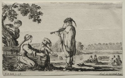 Olika figurer och landskap: En violinspelare, 1649. av Stefano della Bella