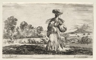 Olika figurer och landskap: Bondekvinna som bär en korg på huvudet, 1649. av Stefano della Bella