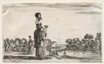 Olika figurer och landskap: Kvinnor som tittar på badande längs en flod, 1649. av Stefano della Bella