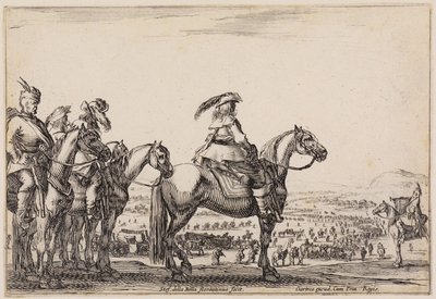 Olika figurer (Varie figure): Armé på marsch på slätten. På höjden i förgrunden befälhavaren och hans följeslagare, till höger trumpetaren av Stefano della Bella