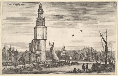 Utsikt över Amsterdam Vue dAmsterdam, ett torn och hus till vänster, män som står på piren ..., 1647. av Stefano della Bella