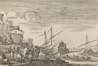 Utsikt över flera hus som vetter mot hamnen, troligen ca. 16541655. av Stefano della Bella
