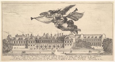 Vy över Palais Cardinal, berömmelsesfiguren högst upp i mitten flygande mot vänster a..., 1649-51. av Stefano della Bella