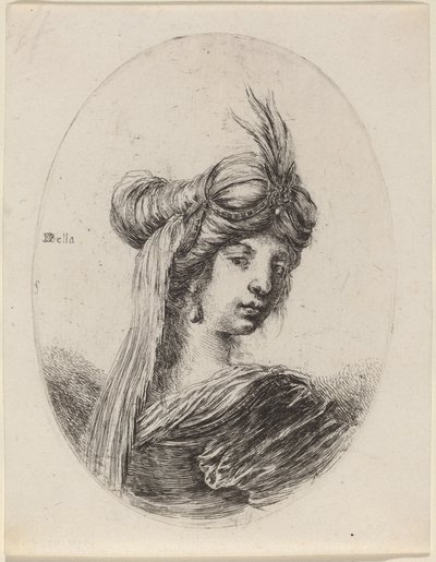 Kvinna i fjäderturban med slöja, vänd åt höger, 16491650. av Stefano della Bella