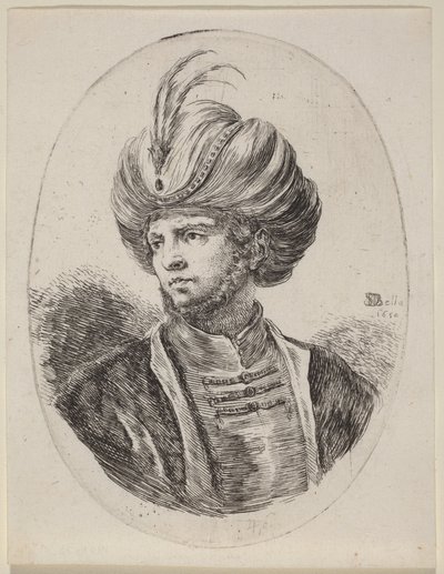 Ung mor med lätt skägg och fjäderprydd turban, vänd åt vänster av Stefano della Bella