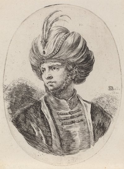 Ung hed med lätt skägg och fjäderturban, vänd åt vänster, 1650. av Stefano della Bella