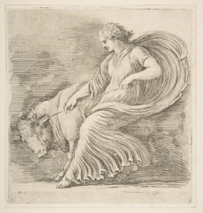 Ung kvinna som försöker stoppa en tjur, ca. 1660. av Stefano della Bella