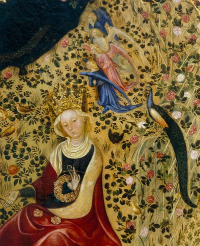 Saint Catherine of Alexandria omgiven av änglar och en påfågel, detalj av Madonna del Roseto av Stefano di Giovanni da Verona