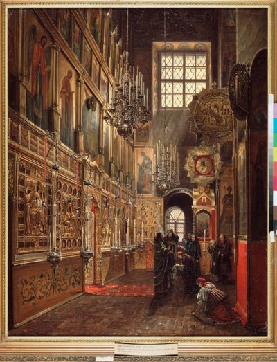En gudstjänst i bebådelsedomens katedral i Kreml i Moskva - Målning av Stepan Mikhailovich Shukhvostov (1821-1908), olja på duk av Stepan Mikhailovich Shukhvostov