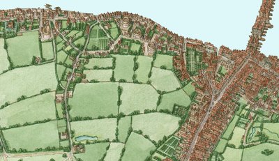 Bankside och Southwark, London, ca 1600-25, 2021 (tusch och akvarell, digital) av Stephen Conlin