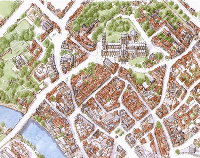 Flygbild över staden York (ritad 1996) av Stephen Conlin