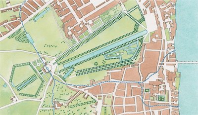 Floden Tyburns lopp, Westminster år 1747 (tusch och akvarell) av Stephen Conlin