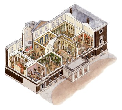 Devonshire House, Piccadilly, London, ca 1860-1910 (tusch och akvarell) av Stephen Conlin