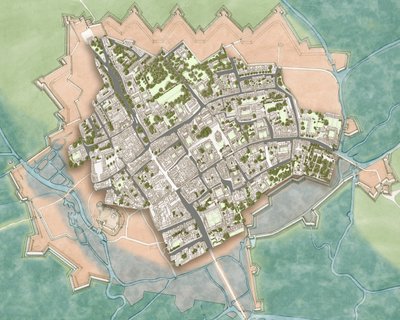 Moderna Oxford över inbördeskrigets försvarsverk, ca 1644-1646 (tusch, akvarell, digital redigering) av Stephen Conlin