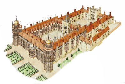Nonsuch Palace, Surrey, ca 1540-1600 (bläck och akvarell) av Stephen Conlin
