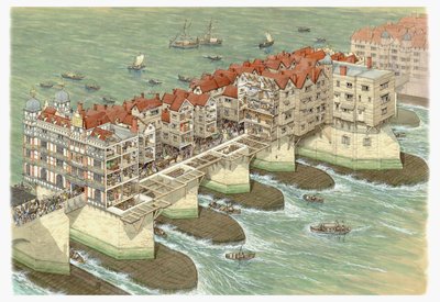 Old London Bridge (centrala delen), ca 1580-1600 (tusch och akvarell) av Stephen Conlin