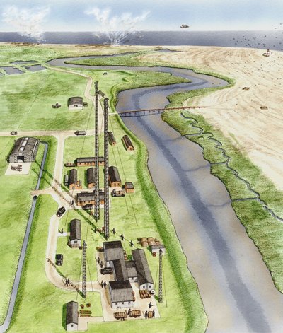 Orford Ness, Suffolk, ca 1935-1945 (tusch, airbrush, akvarell) av Stephen Conlin