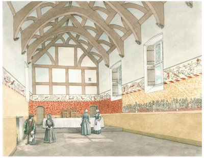 The Great Hall of Cothay Manor, Near Wellington,Somerset, 2016 (tusch och akvarell) av Stephen Conlin
