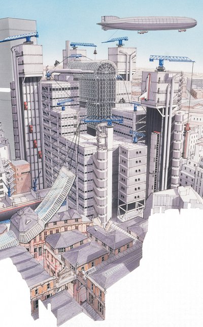 The Lloyds Building, City of London, ca 1987-1995 (tusch och akvarell) av Stephen Conlin