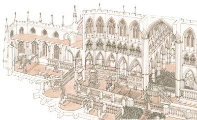 The Quire of Westminster Abbey vid tiden för kung Henrik IV:s kröning 1399, 2023 (bläck och akvarell) av Stephen Conlin