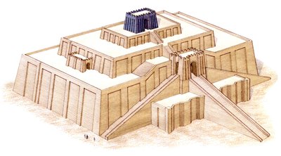 Ziggurat i Ur, förmodad restaurering från 600-talet f.Kr. (tusch och akvarell) av Stephen Conlin
